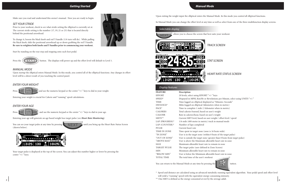 Manual mode, Getting started, Track screen stat screen heart rate status screen | Set your stride, Enter your weight, Enter your age | Landice 82020 User Manual | Page 6 / 17