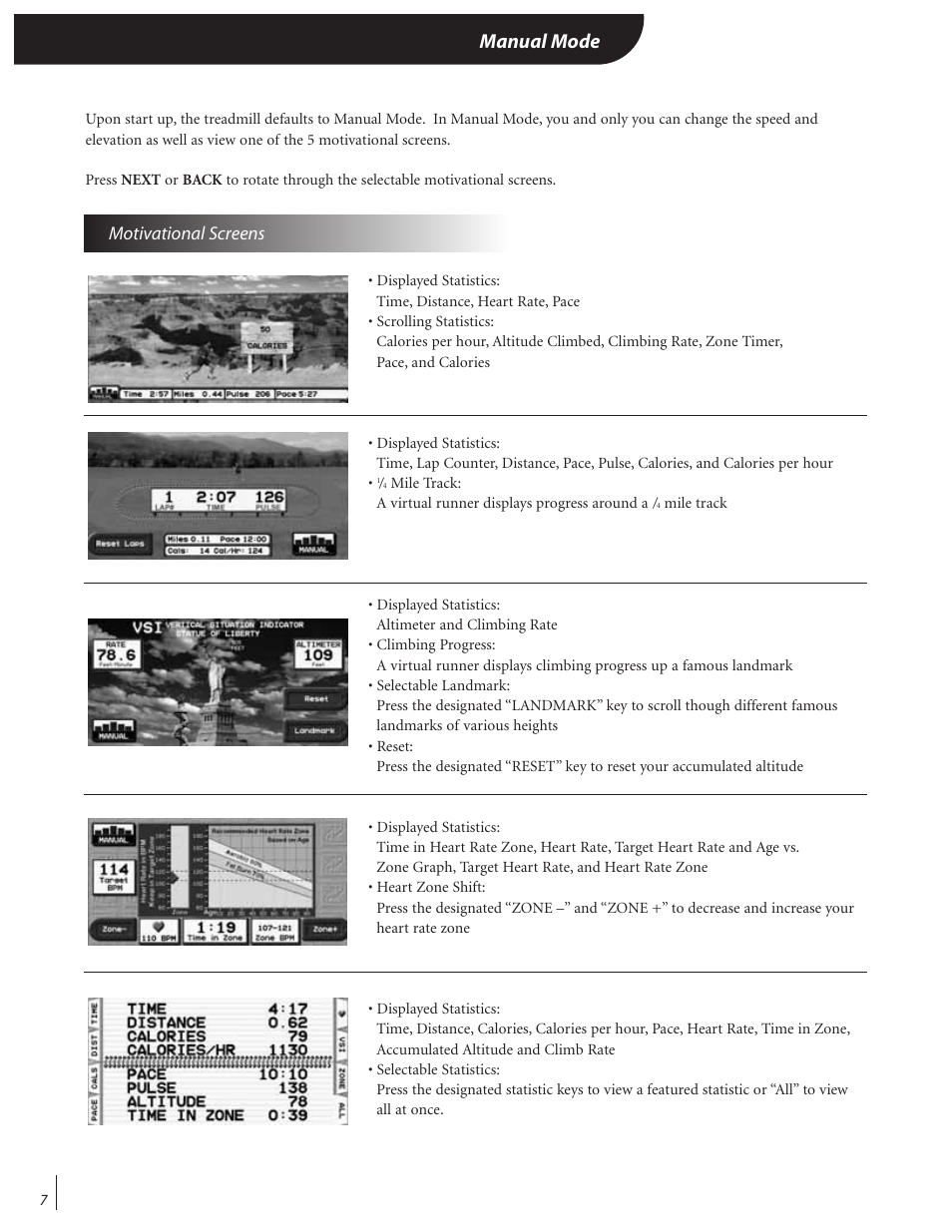 Manual mode, Motivational screens | Landice 72070 User Manual | Page 12 / 36