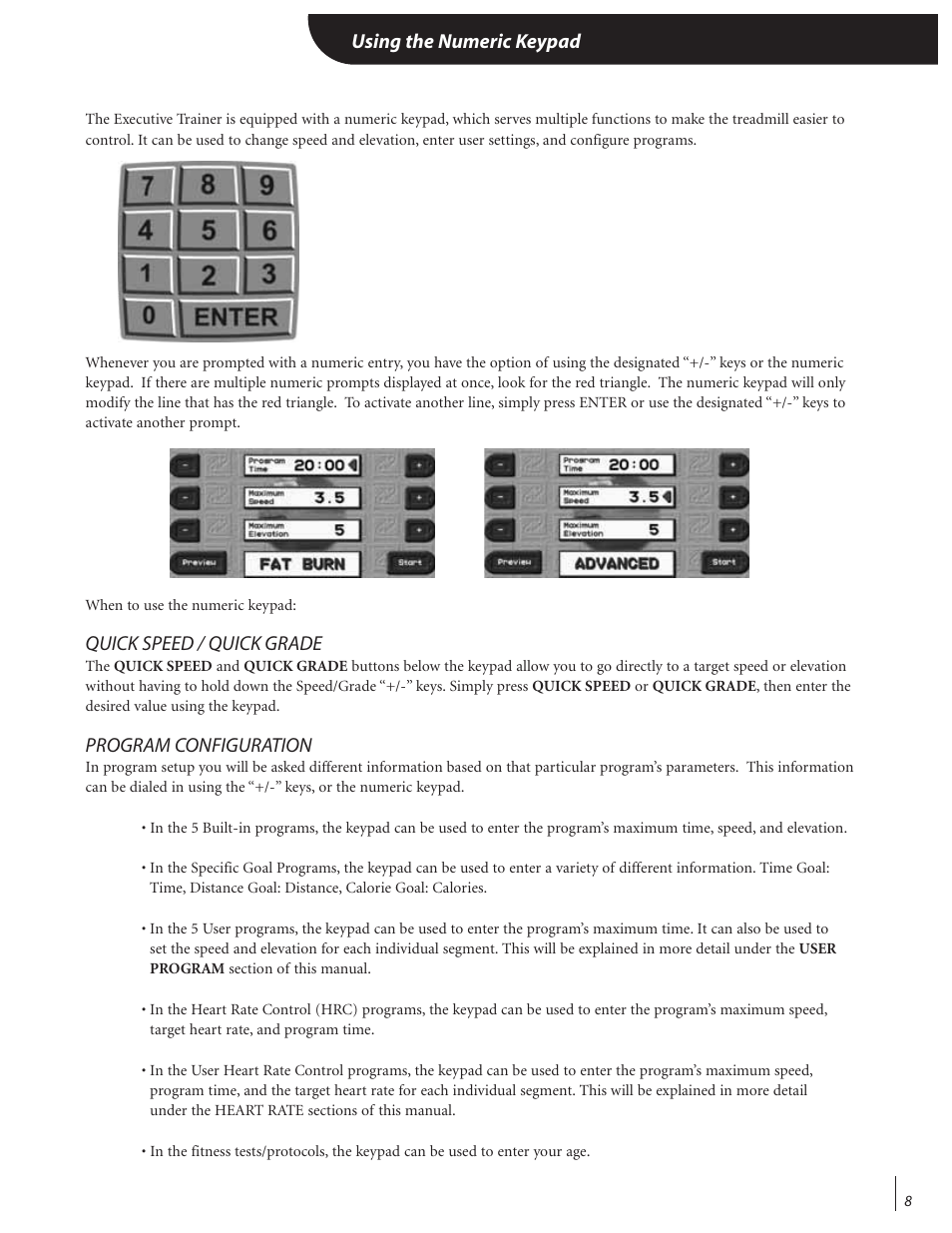 Using the numeric keypad, Quick speed / quick grade, Program configuration | Landice 72070 User Manual | Page 13 / 36
