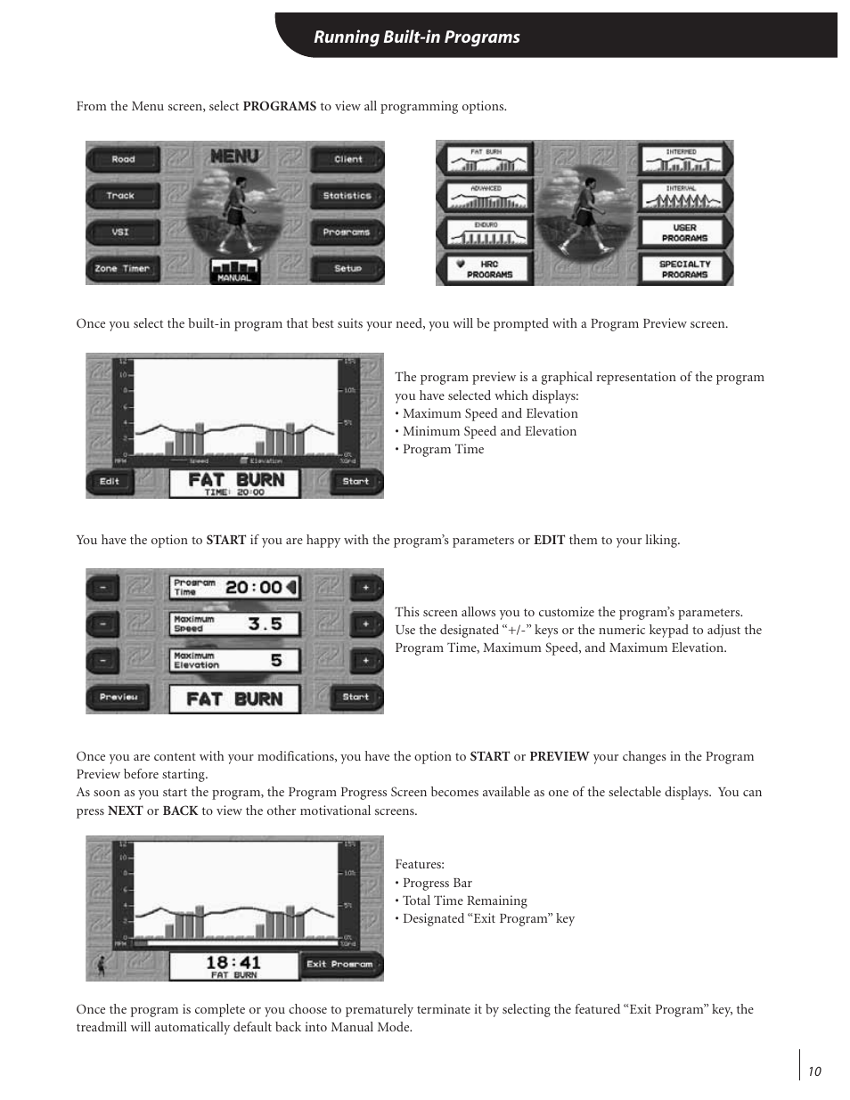 Running built-in programs | Landice 72070 User Manual | Page 15 / 36