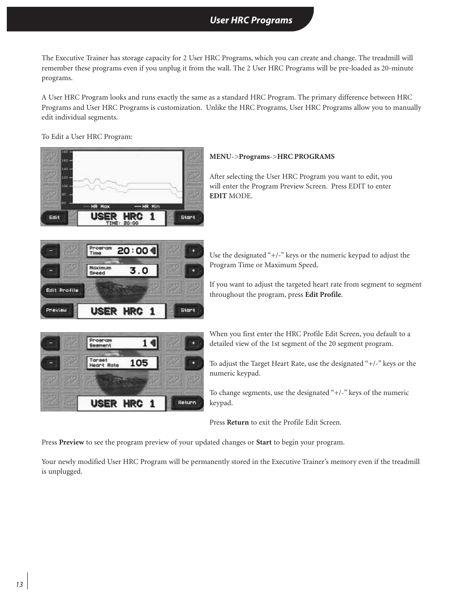 User hrc programs | Landice 72070 User Manual | Page 18 / 36