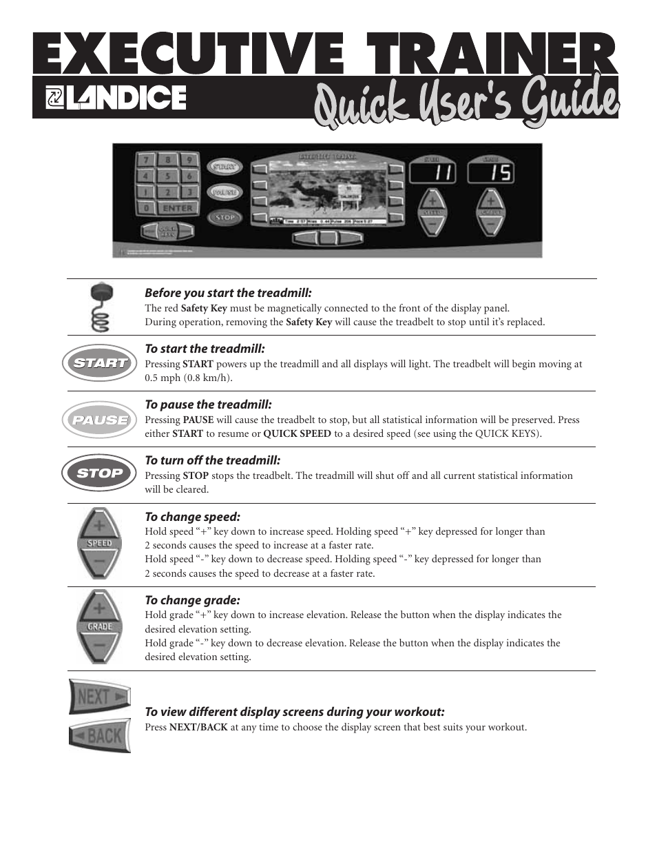 Quick user's guide | Landice 72070 User Manual | Page 2 / 36