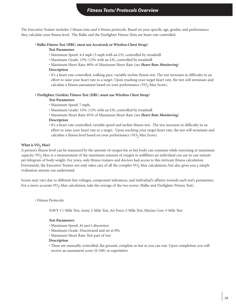 Fitness tests/ protocols overview | Landice 72070 User Manual | Page 21 / 36