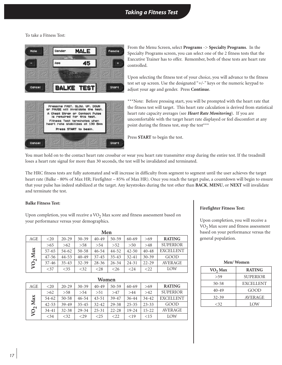 Taking a fitness test | Landice 72070 User Manual | Page 22 / 36