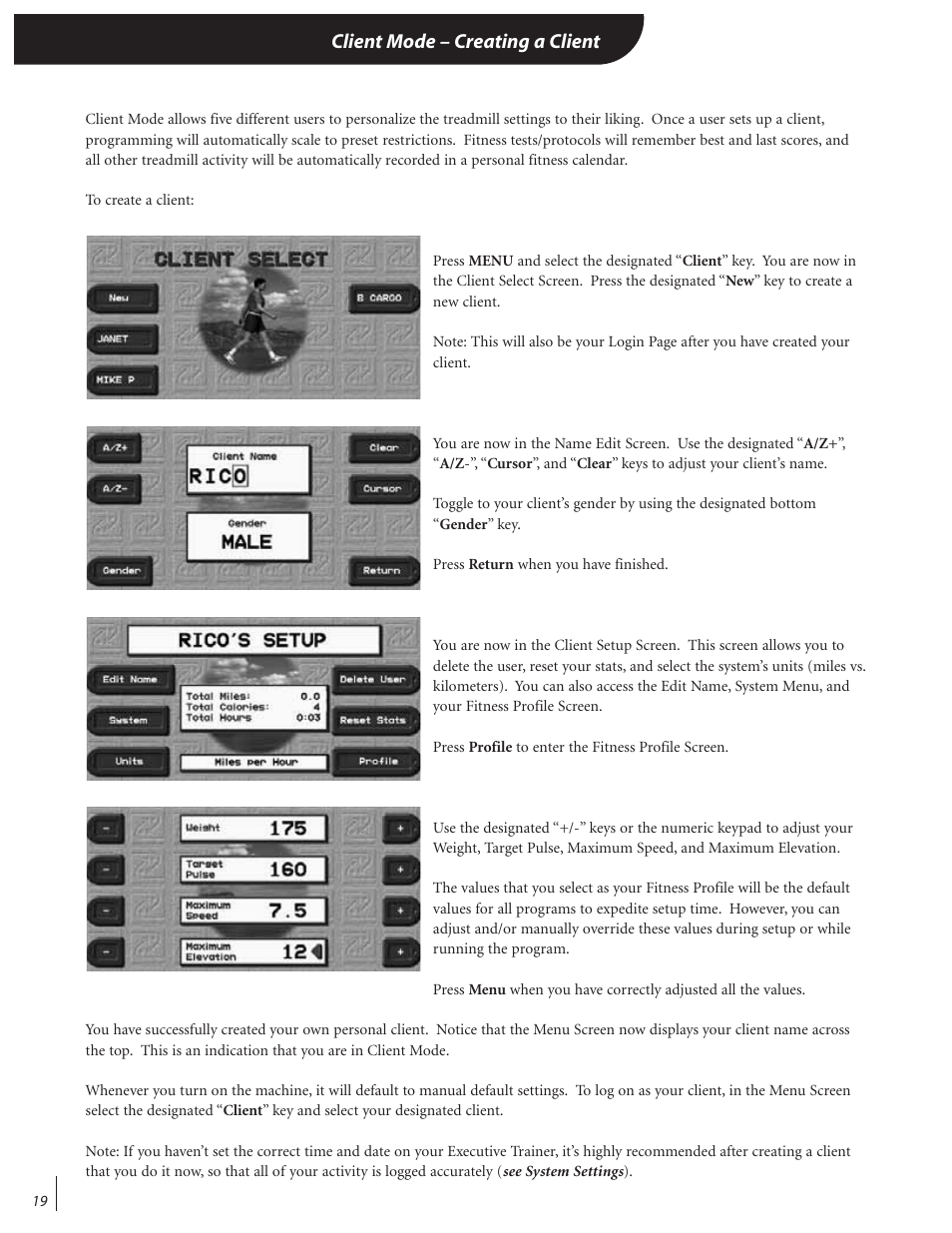 Client mode – creating a client | Landice 72070 User Manual | Page 24 / 36