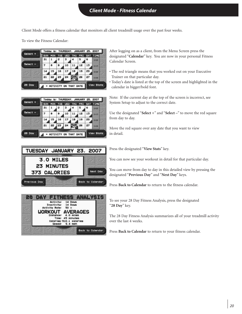 Client mode - fitness calendar | Landice 72070 User Manual | Page 25 / 36