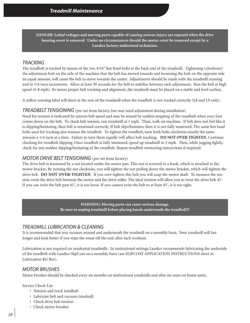 Treadmill maintenance, Tracking, Treadbelt tensioning | Motor drive belt tensioning, Treadmill lubrication & cleaning, Motor brushes | Landice 72070 User Manual | Page 34 / 36