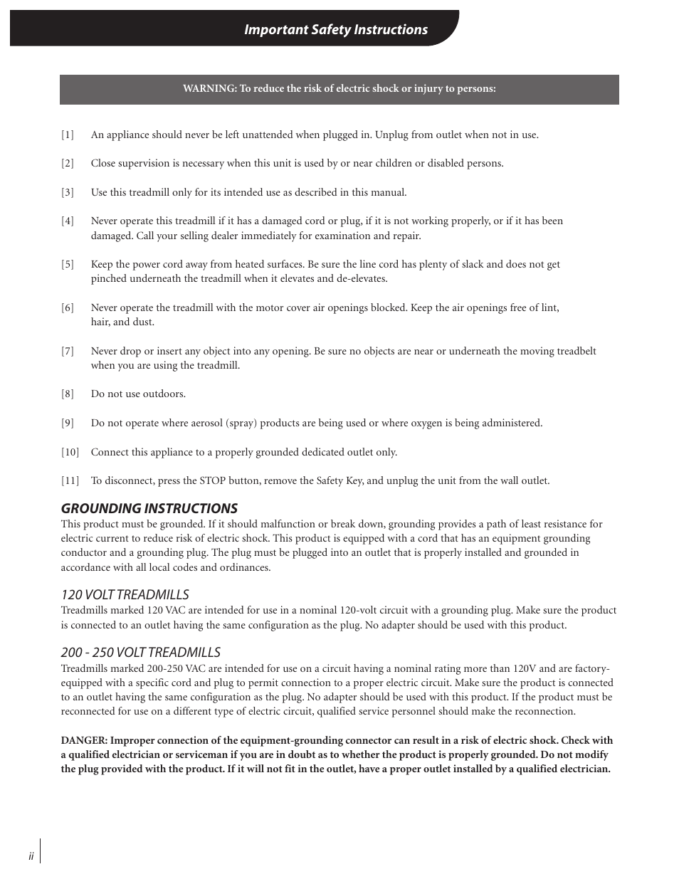 Important safety instructions, Grounding instructions, 120 volt treadmills | Landice 72070 User Manual | Page 4 / 36
