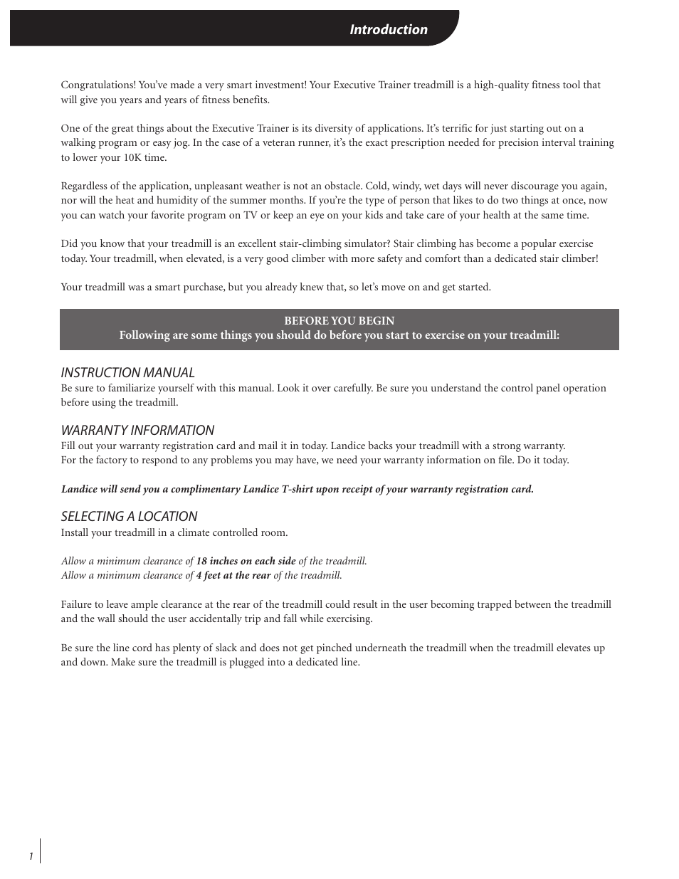 Introduction, Instruction manual, Warranty information | Selecting a location | Landice 72070 User Manual | Page 6 / 36