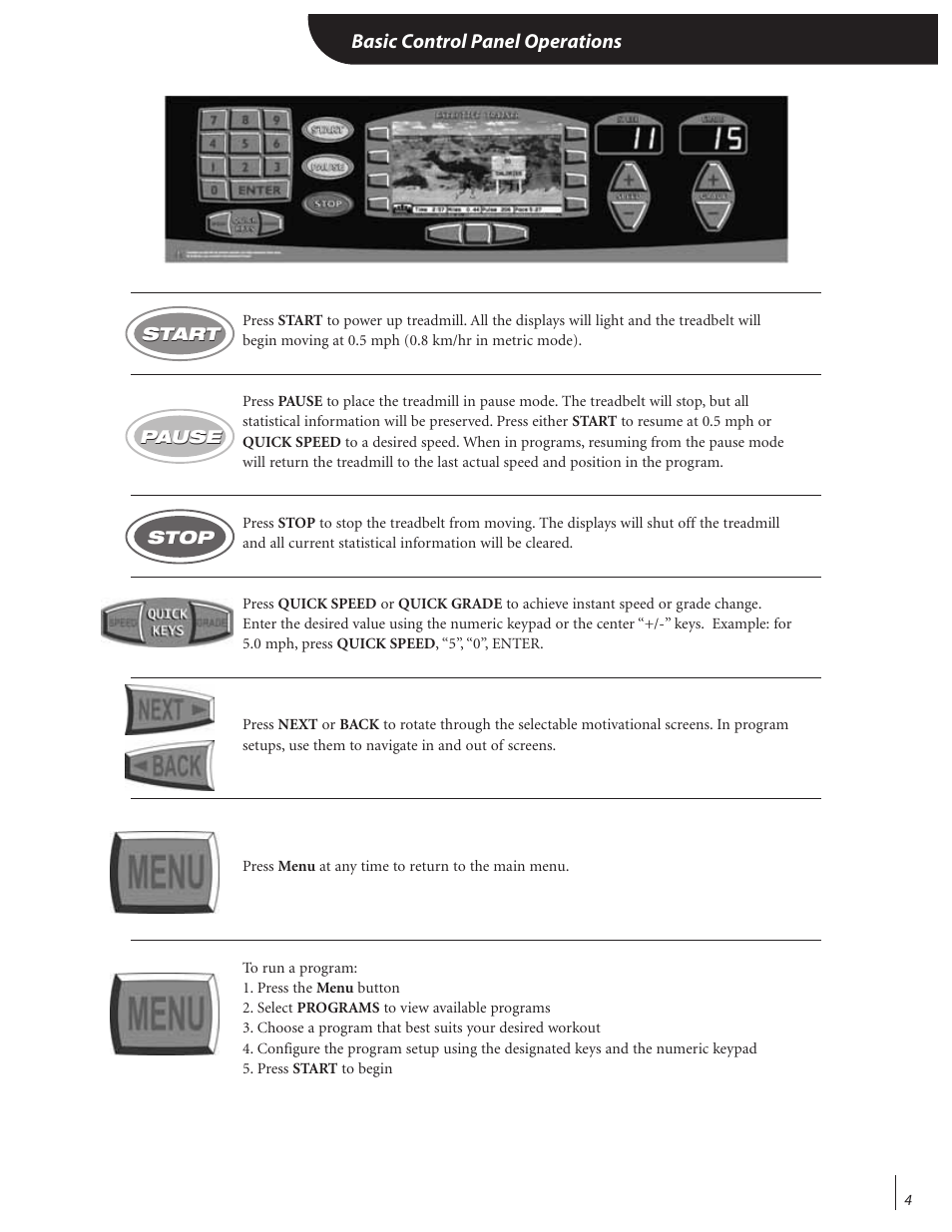 Basic control panel operations | Landice 72070 User Manual | Page 9 / 36