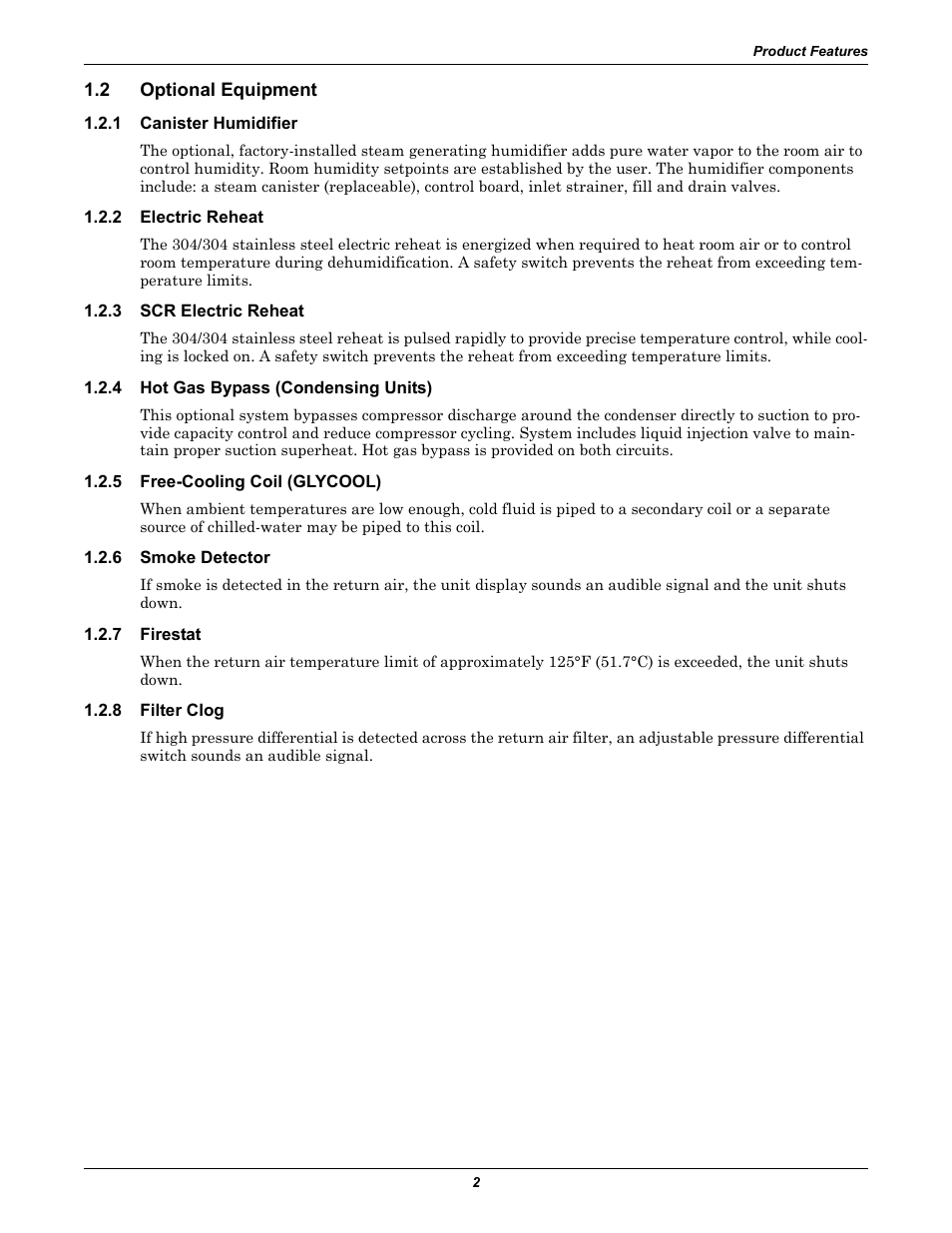 2 optional equipment, 1 canister humidifier, 2 electric reheat | 3 scr electric reheat, 4 hot gas bypass (condensing units), 5 free-cooling coil (glycool), 6 smoke detector, 7 firestat, 8 filter clog, Optional equipment | Liebert 50 & 60Hz User Manual | Page 10 / 72