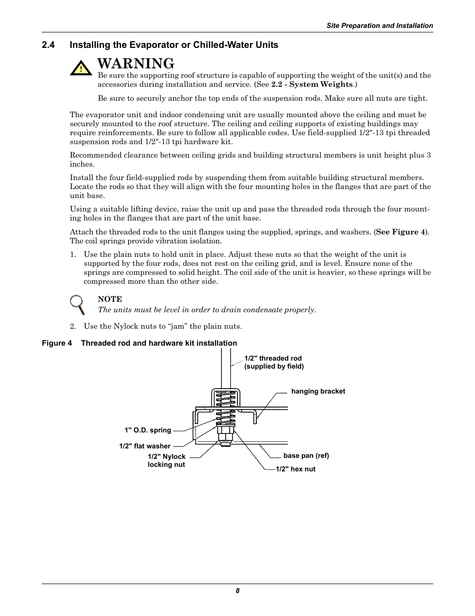 4 installing the evaporator or chilled-water units, Installing the evaporator or chilled-water units, Figure 4 | Threaded rod and hardware kit installation, Warning | Liebert 50 & 60Hz User Manual | Page 16 / 72