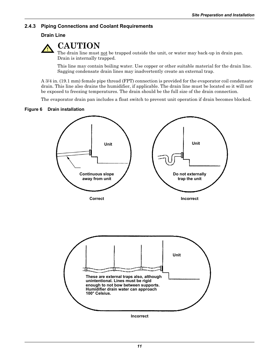 3 piping connections and coolant requirements, Drain line, Figure 6 drain installation | Piping connections and coolant requirements, Figure 6, Drain installation, Caution | Liebert 50 & 60Hz User Manual | Page 19 / 72