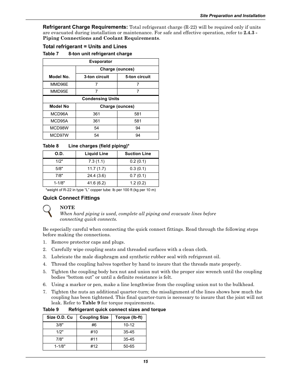 Total refrigerant = units and lines, Table 7 8-ton unit refrigerant charge, Table 8 line charges (field piping) | Quick connect fittings, Table 9 refrigerant quick connect sizes and torque, Table 7, Ton unit refrigerant charge, Table 8, Line charges (field piping), Table 9 | Liebert 50 & 60Hz User Manual | Page 23 / 72