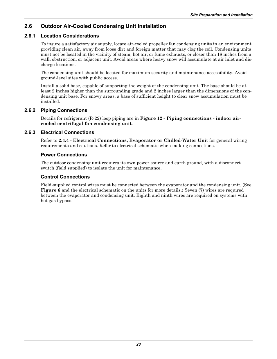 6 outdoor air-cooled condensing unit installation, 1 location considerations, 2 piping connections | 3 electrical connections, Power connections, Control connections, Outdoor air-cooled condensing unit installation, Location considerations, Piping connections, Electrical connections | Liebert 50 & 60Hz User Manual | Page 31 / 72