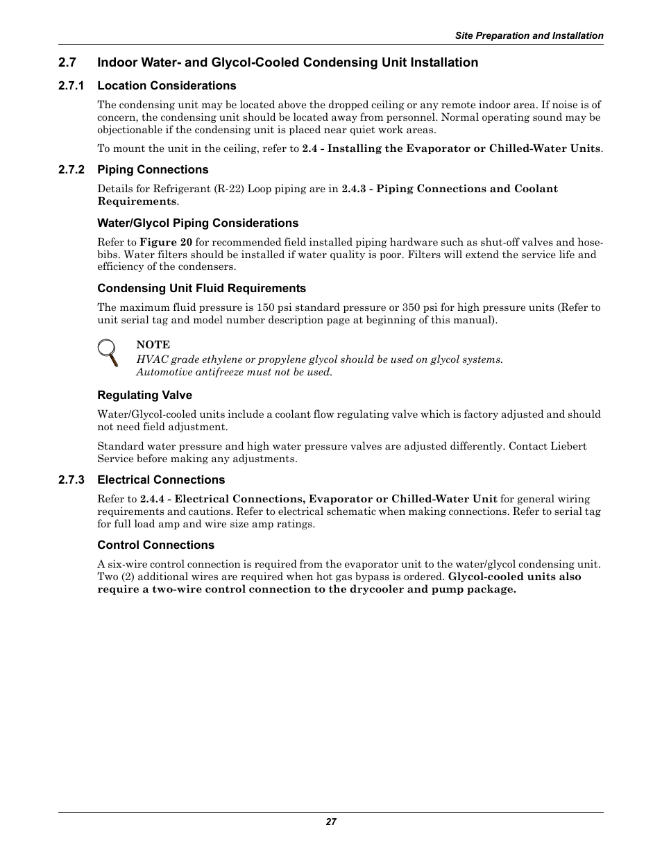 1 location considerations, 2 piping connections, Water/glycol piping considerations | Condensing unit fluid requirements, Regulating valve, 3 electrical connections, Control connections, Location considerations, Piping connections, Electrical connections | Liebert 50 & 60Hz User Manual | Page 35 / 72