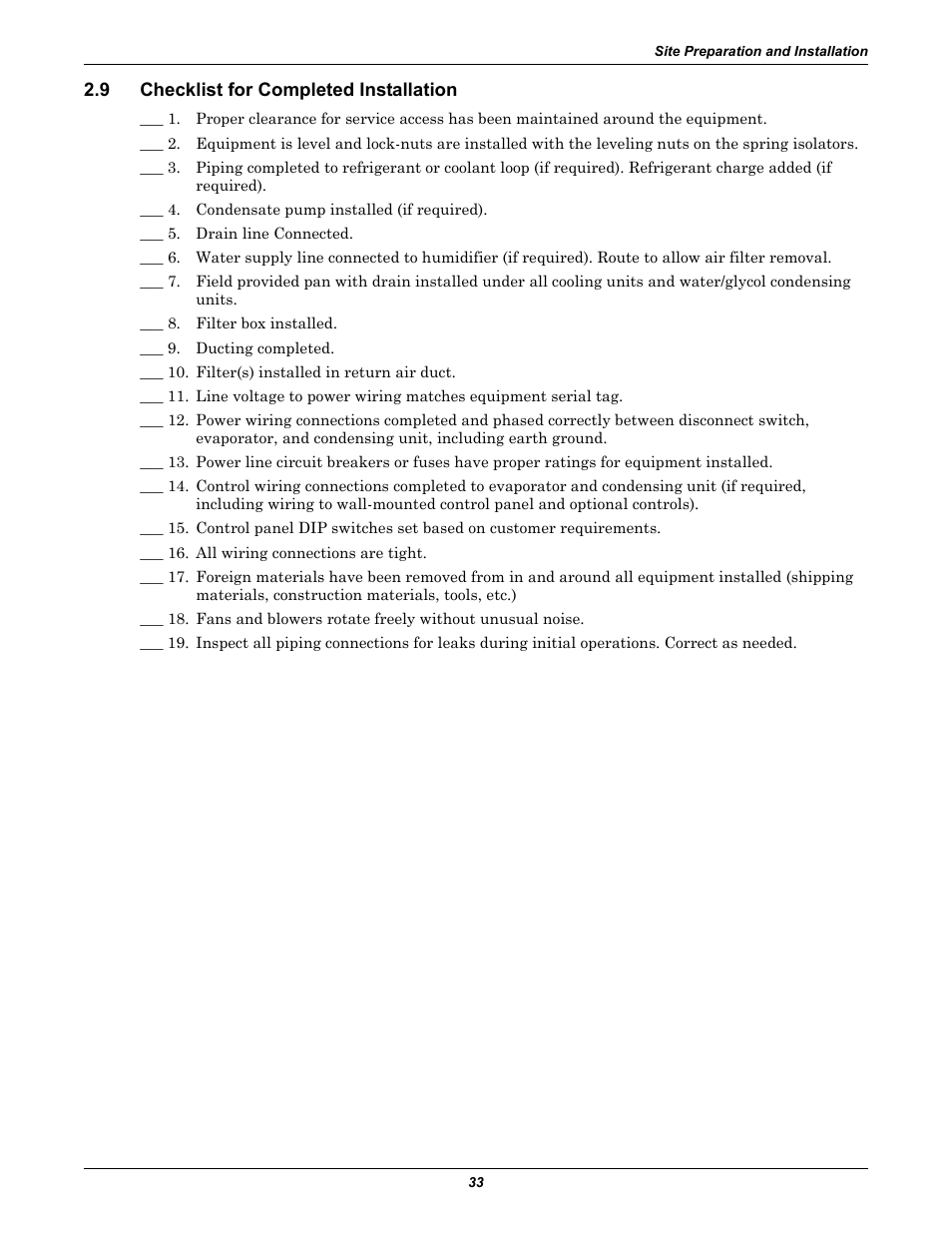 9 checklist for completed installation, Checklist for completed installation | Liebert 50 & 60Hz User Manual | Page 41 / 72