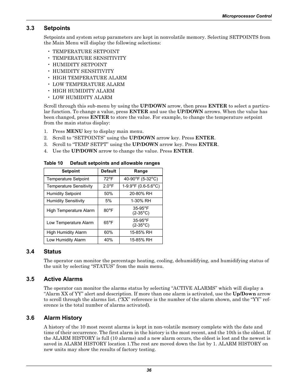 3 setpoints, Table 10 default setpoints and allowable ranges, 4 status | 5 active alarms, 6 alarm history, Setpoints, Status, Active alarms, Alarm history, Table 10 | Liebert 50 & 60Hz User Manual | Page 44 / 72