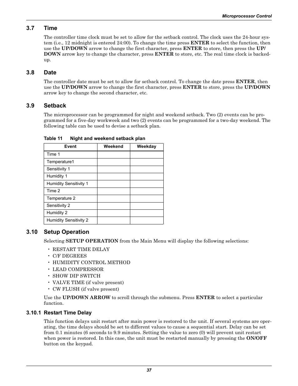 7 time, 8 date, 9 setback | Table 11 night and weekend setback plan, 10 setup operation, 1 restart time delay, Time, Date, Setback, Setup operation | Liebert 50 & 60Hz User Manual | Page 45 / 72