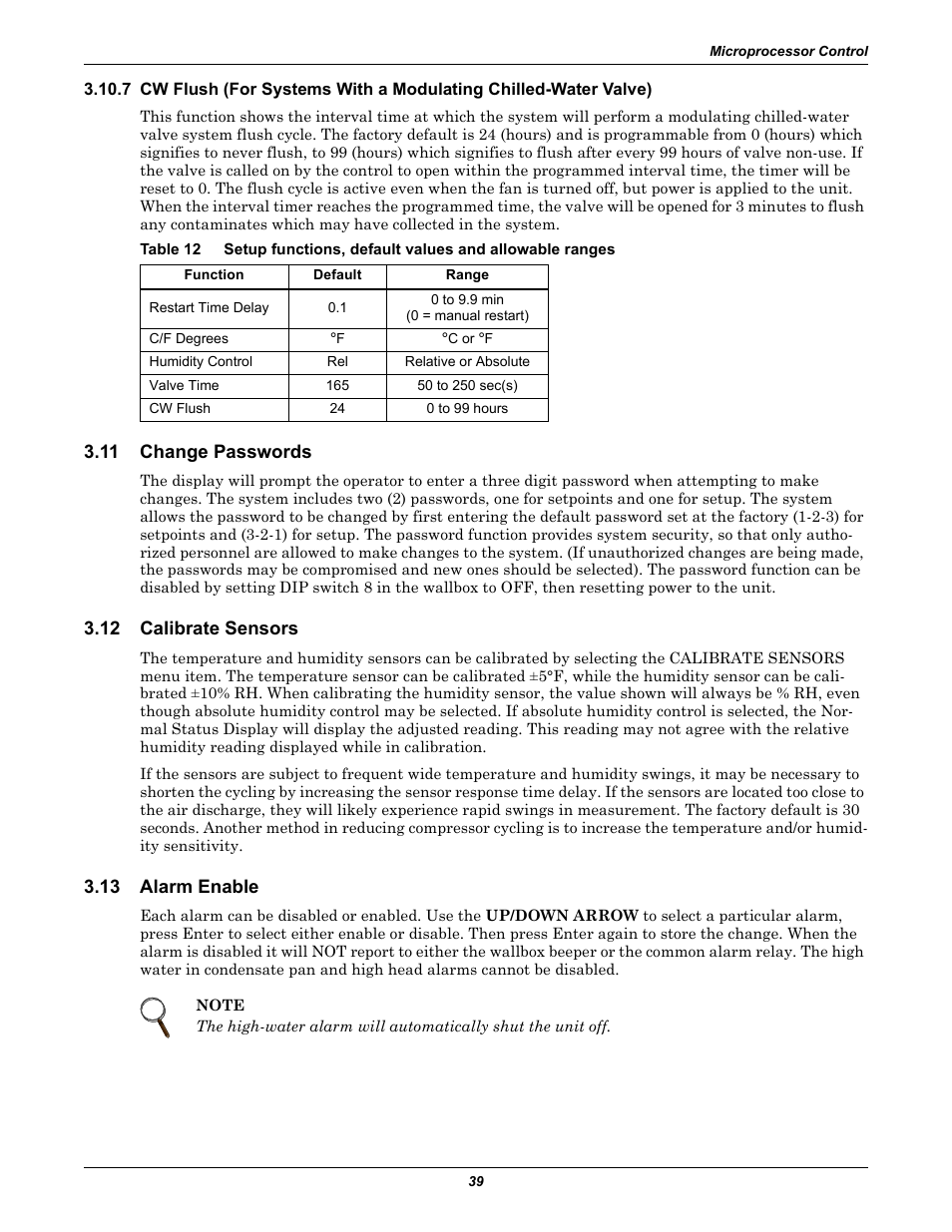 11 change passwords, 12 calibrate sensors, 13 alarm enable | Change passwords, Calibrate sensors, Alarm enable, Table 12 | Liebert 50 & 60Hz User Manual | Page 47 / 72