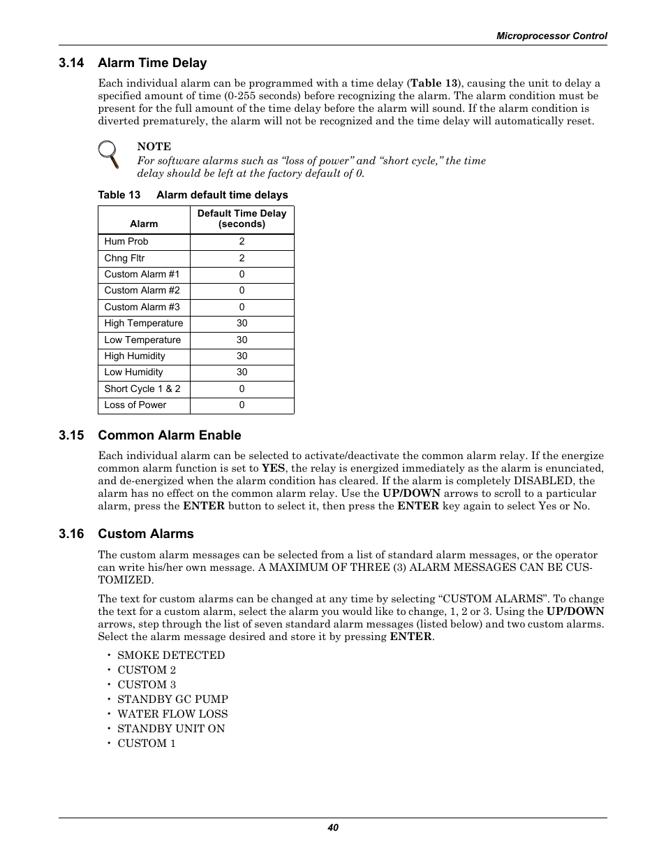 14 alarm time delay, Table 13 alarm default time delays, 15 common alarm enable | 16 custom alarms, Alarm time delay, Common alarm enable, Custom alarms, Table 13, Alarm default time delays | Liebert 50 & 60Hz User Manual | Page 48 / 72