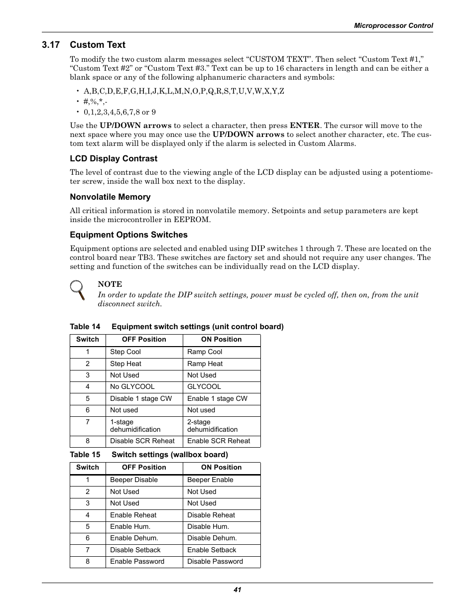 17 custom text, Lcd display contrast, Nonvolatile memory | Equipment options switches, Table 15 switch settings (wallbox board), Custom text, Table 14, Equipment switch settings (unit control board), Table 15, Switch settings (wallbox board) | Liebert 50 & 60Hz User Manual | Page 49 / 72