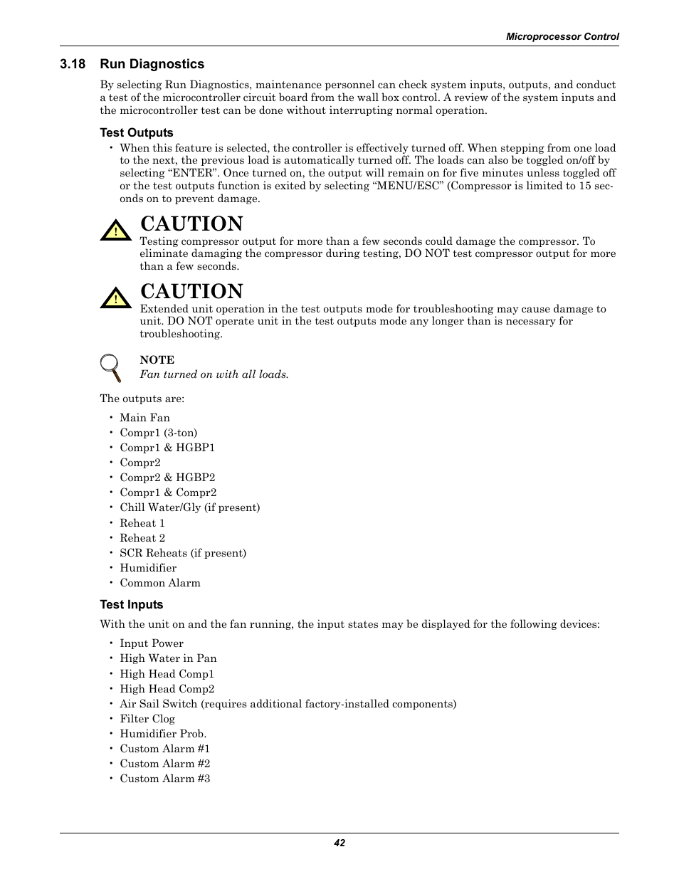 18 run diagnostics, Test outputs, Test inputs | Run diagnostics, Caution | Liebert 50 & 60Hz User Manual | Page 50 / 72