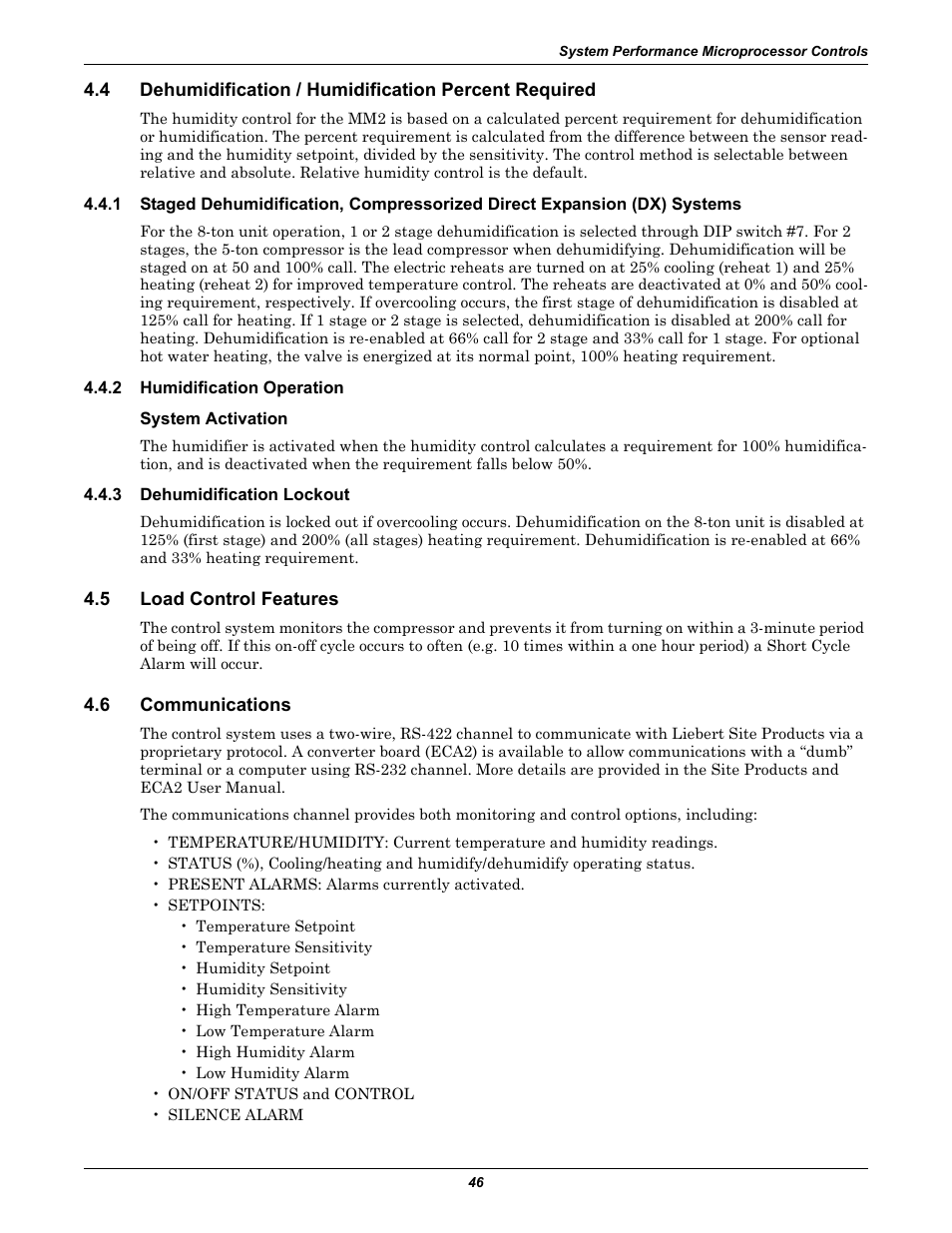 2 humidification operation, System activation, 3 dehumidification lockout | 5 load control features, 6 communications, Dehumidification / humidification percent required, Humidification operation, Dehumidification lockout, Load control features, Communications | Liebert 50 & 60Hz User Manual | Page 54 / 72