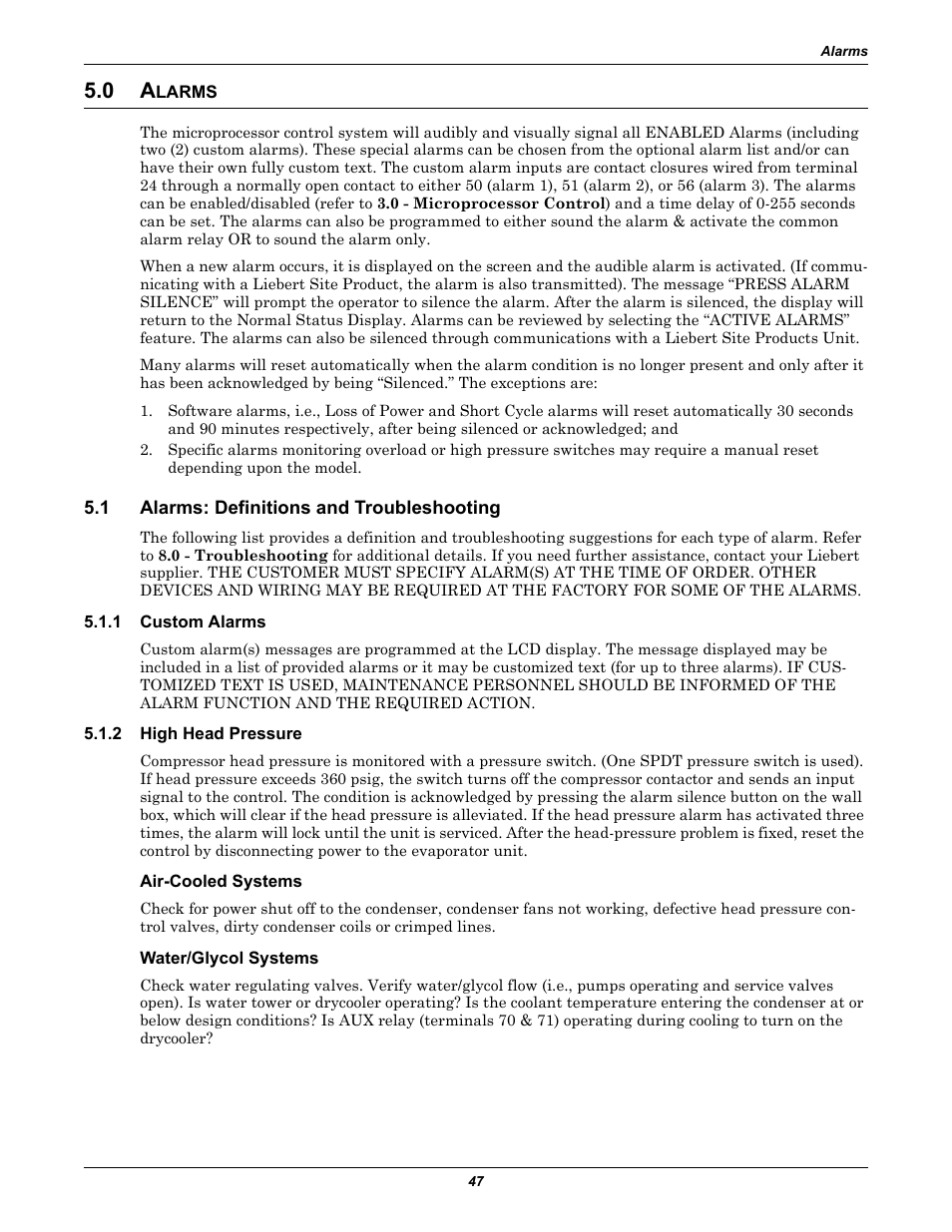 0 alarms, 1 alarms: definitions and troubleshooting, 1 custom alarms | 2 high head pressure, Air-cooled systems, Water/glycol systems, Larms, Alarms: definitions and troubleshooting, Custom alarms, High head pressure | Liebert 50 & 60Hz User Manual | Page 55 / 72