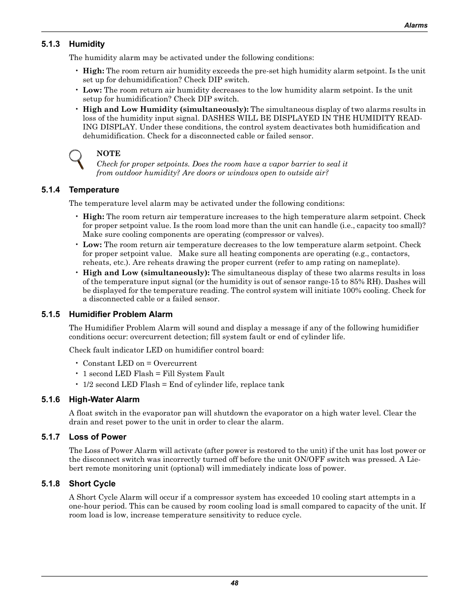 3 humidity, 4 temperature, 5 humidifier problem alarm | 6 high-water alarm, 7 loss of power, 8 short cycle, Humidity, Temperature, Humidifier problem alarm, High-water alarm | Liebert 50 & 60Hz User Manual | Page 56 / 72