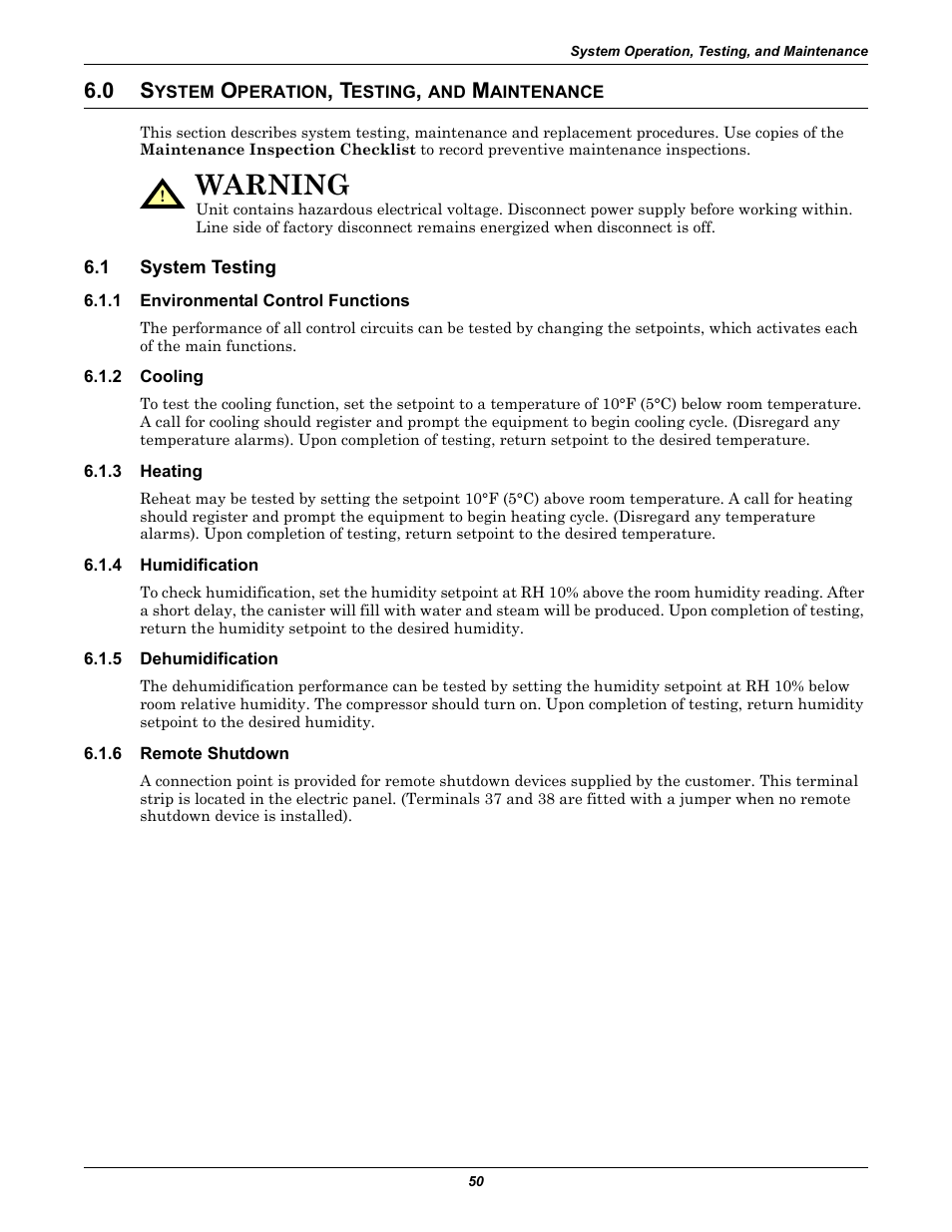 0 system operation, testing, and maintenance, 1 system testing, 1 environmental control functions | 2 cooling, 3 heating, 4 humidification, 5 dehumidification, 6 remote shutdown, Ystem, Peration | Liebert 50 & 60Hz User Manual | Page 58 / 72