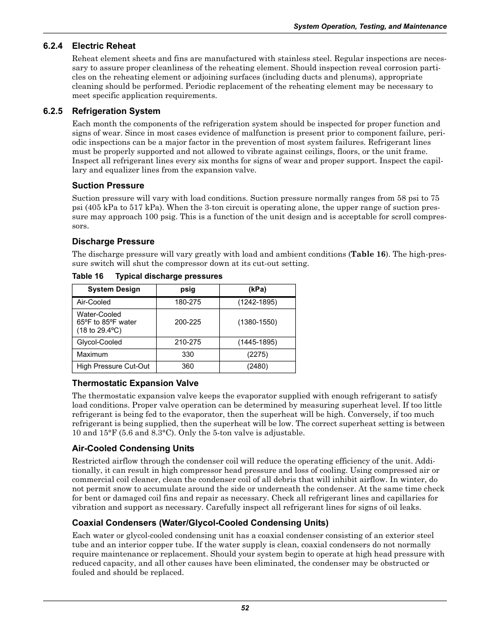 4 electric reheat, 5 refrigeration system, Suction pressure | Discharge pressure, Table 16 typical discharge pressures, Thermostatic expansion valve, Air-cooled condensing units, Electric reheat, Refrigeration system, Table 16 | Liebert 50 & 60Hz User Manual | Page 60 / 72