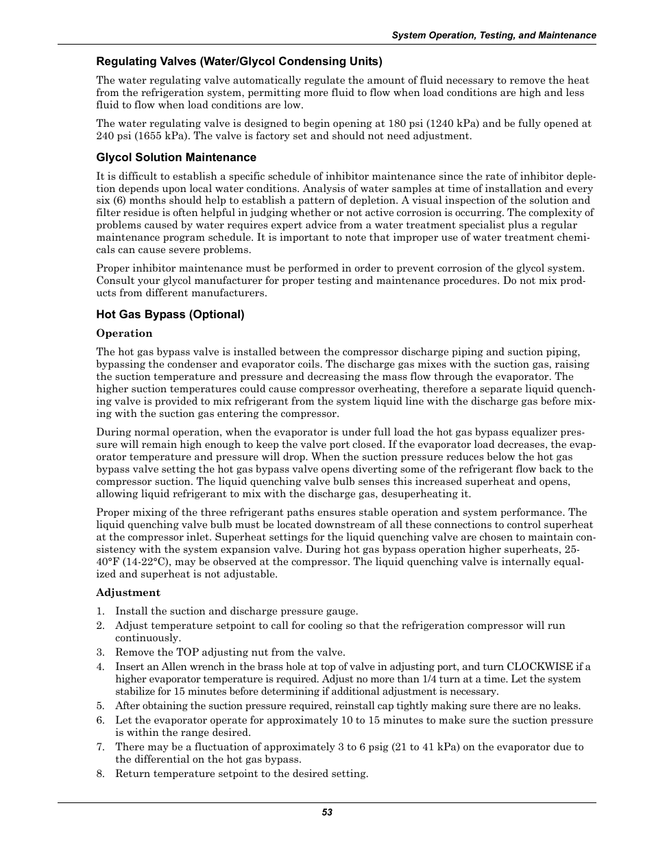 Regulating valves (water/glycol condensing units), Glycol solution maintenance, Hot gas bypass (optional) | Liebert 50 & 60Hz User Manual | Page 61 / 72