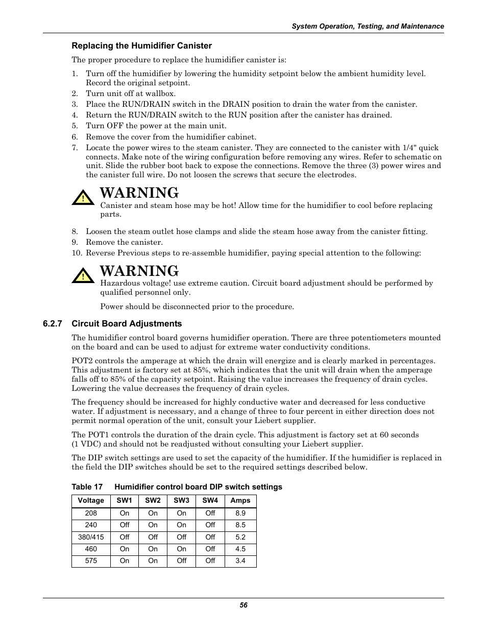 Replacing the humidifier canister, 7 circuit board adjustments, Circuit board adjustments | Table 17, Humidifier control board dip switch settings, Warning | Liebert 50 & 60Hz User Manual | Page 64 / 72