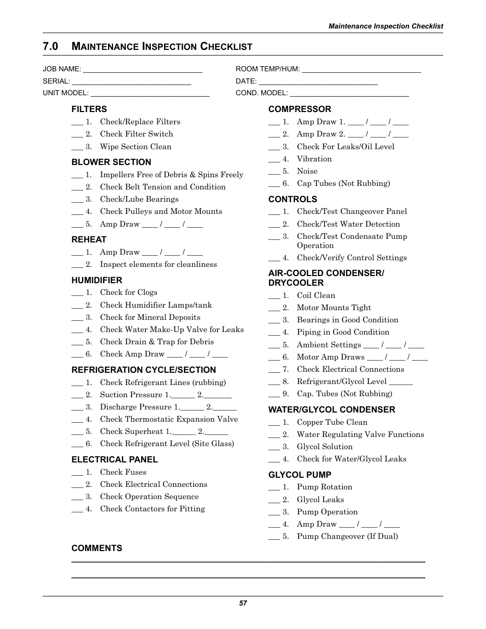 0 maintenance inspection checklist, Filters, Blower section | Reheat, Humidifier, Refrigeration cycle/section, Electrical panel, Comments, Compressor, Controls | Liebert 50 & 60Hz User Manual | Page 65 / 72