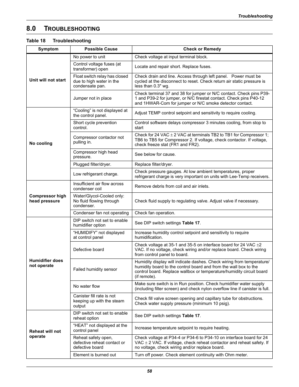 0 troubleshooting, Table 18 troubleshooting, Roubleshooting | Table 18, Troubleshooting | Liebert 50 & 60Hz User Manual | Page 66 / 72