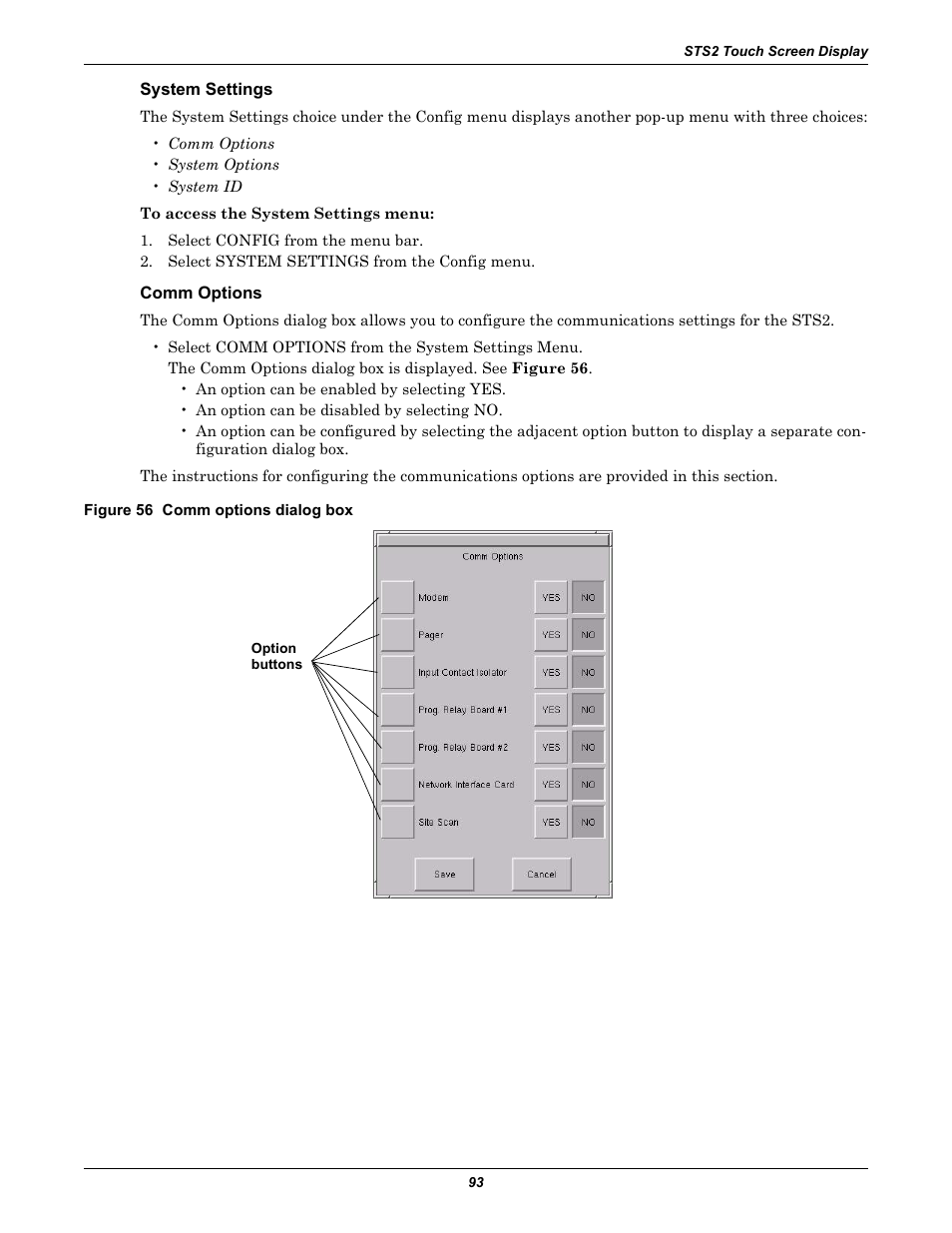 System settings, Comm options, Figure 56 comm options dialog box | Comm | Liebert POWER PROTECTION STATIC TRANSFER SWITCH User Manual | Page 101 / 152