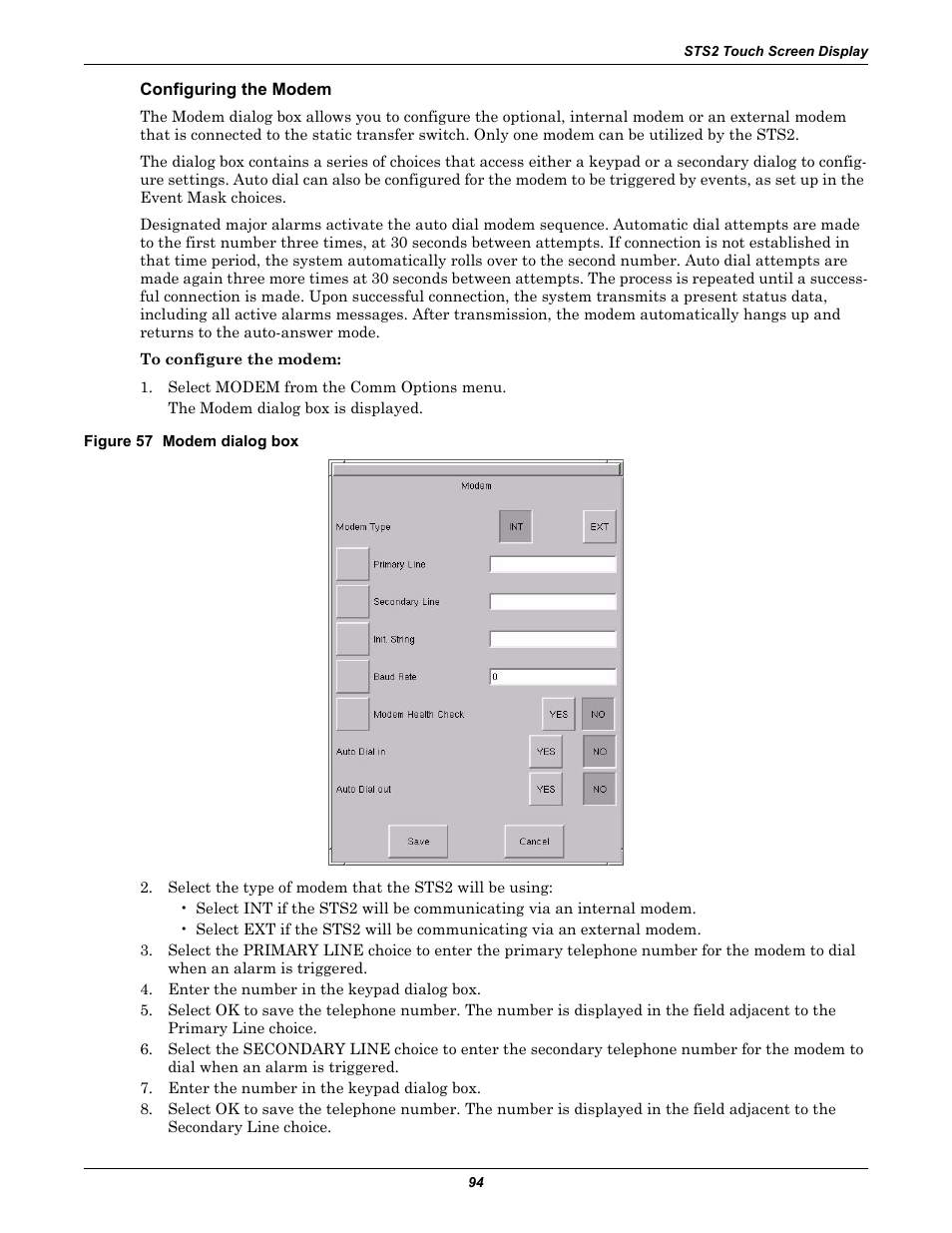 Configuring the modem, Figure 57 modem dialog box, Y, see configuring the | Liebert POWER PROTECTION STATIC TRANSFER SWITCH User Manual | Page 102 / 152