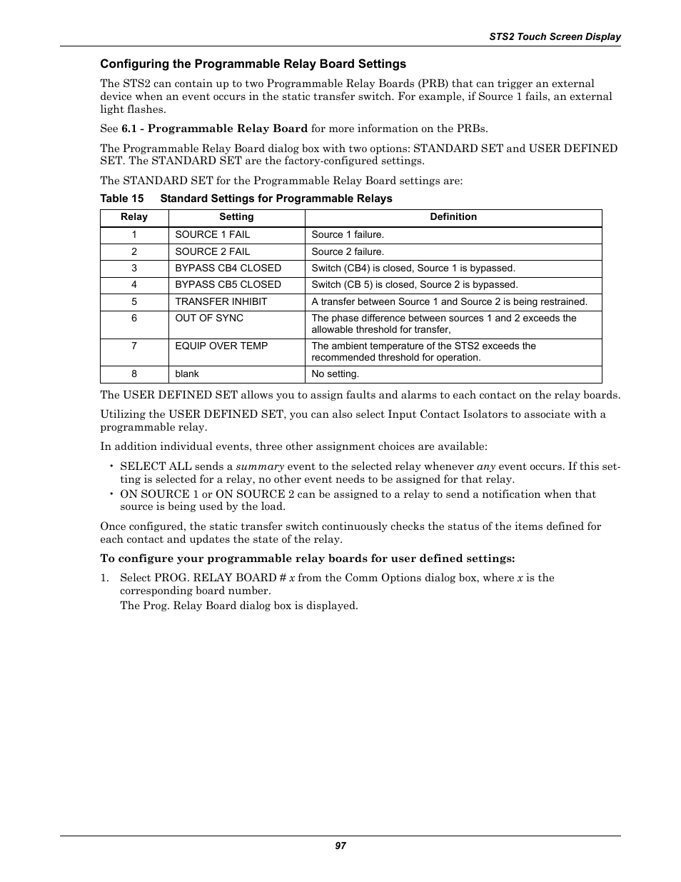 Configuring the programmable relay board settings, Table 15 standard settings for programmable relays, Table 15 | Standard settings for programmable relays | Liebert POWER PROTECTION STATIC TRANSFER SWITCH User Manual | Page 105 / 152