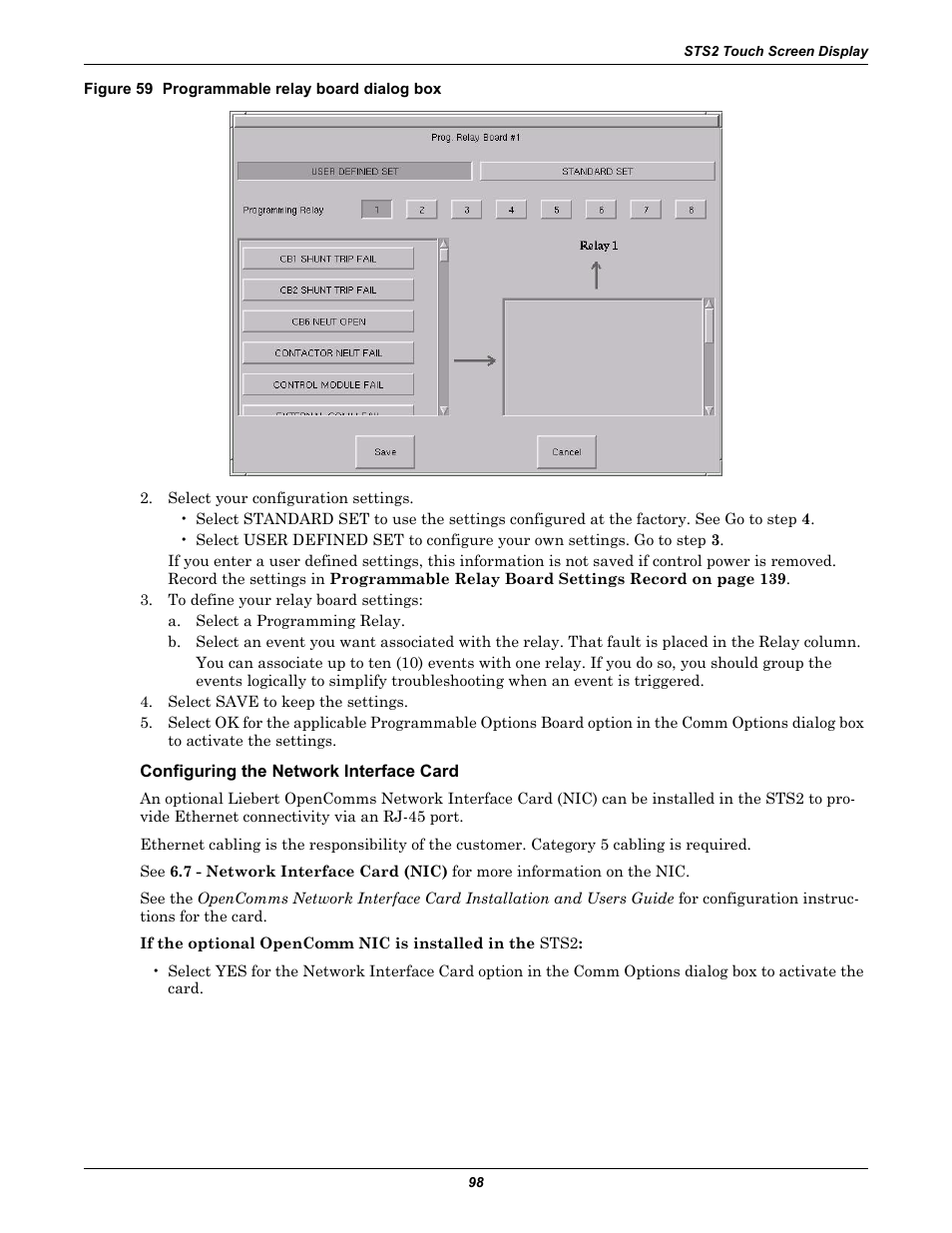 Figure 59 programmable relay board dialog box, Configuring the network interface card | Liebert POWER PROTECTION STATIC TRANSFER SWITCH User Manual | Page 106 / 152