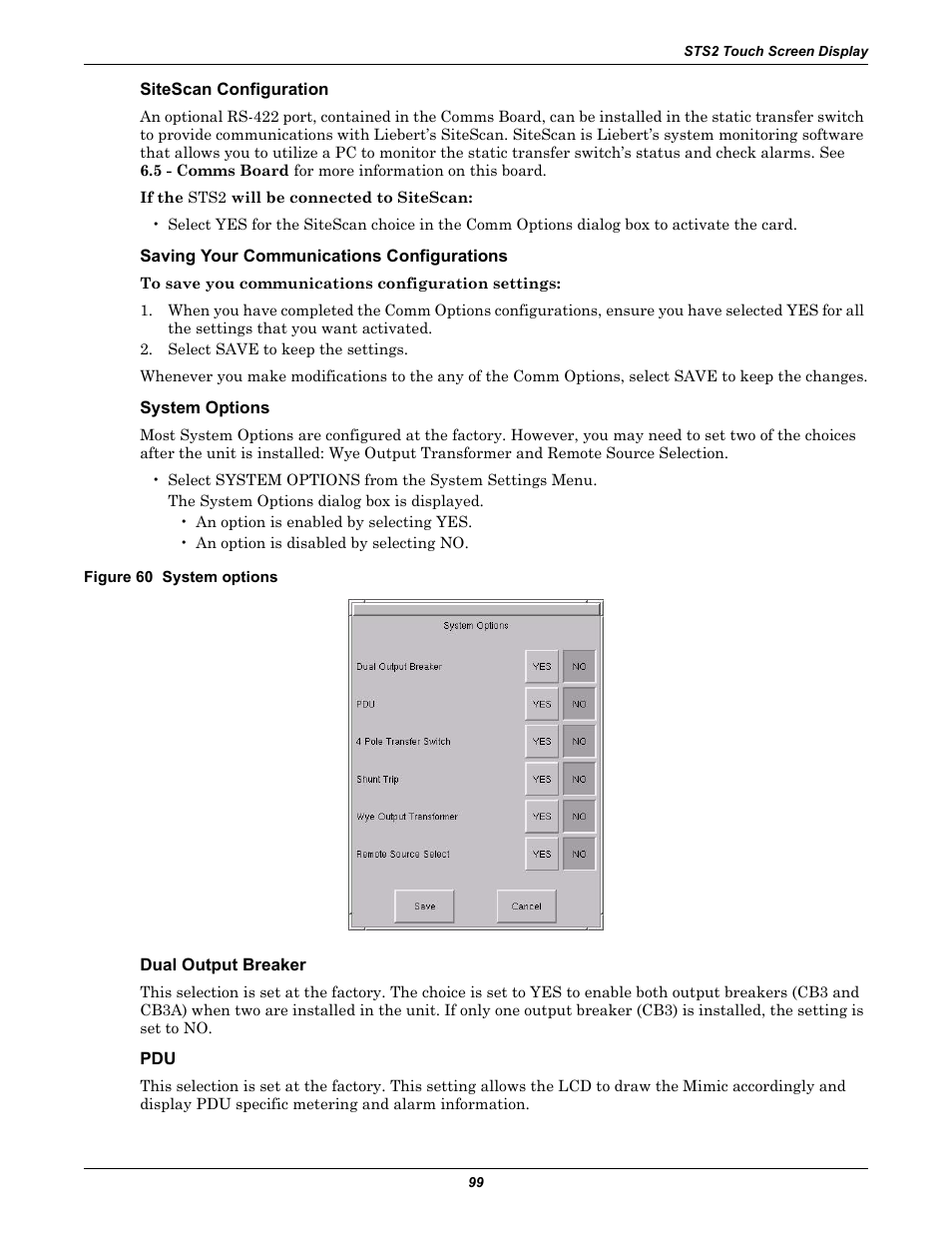 Sitescan configuration, Saving your communications configurations, System options | Figure 60 system options, Dual output breaker | Liebert POWER PROTECTION STATIC TRANSFER SWITCH User Manual | Page 107 / 152