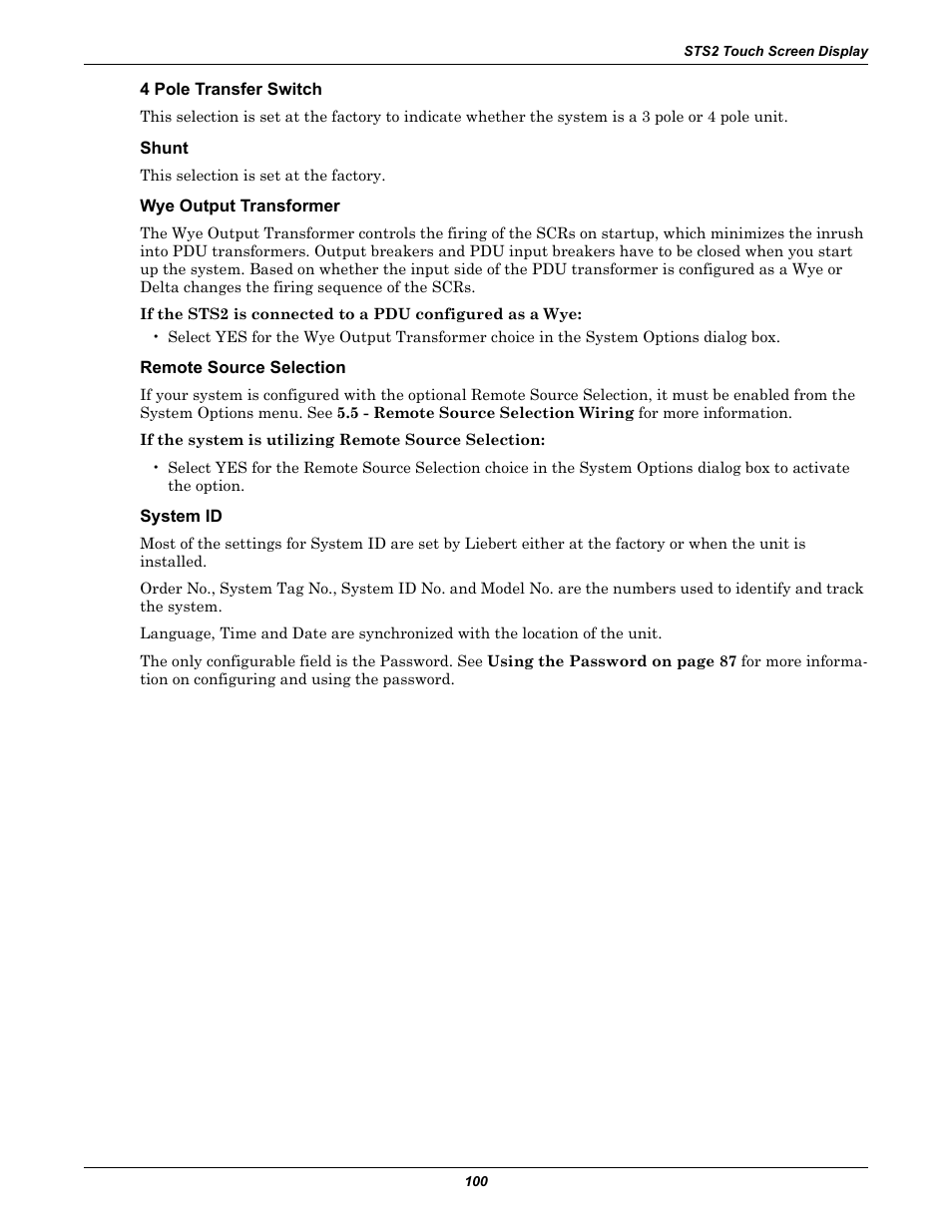 4 pole transfer switch, Shunt, Wye output transformer | Remote source selection, System id | Liebert POWER PROTECTION STATIC TRANSFER SWITCH User Manual | Page 108 / 152