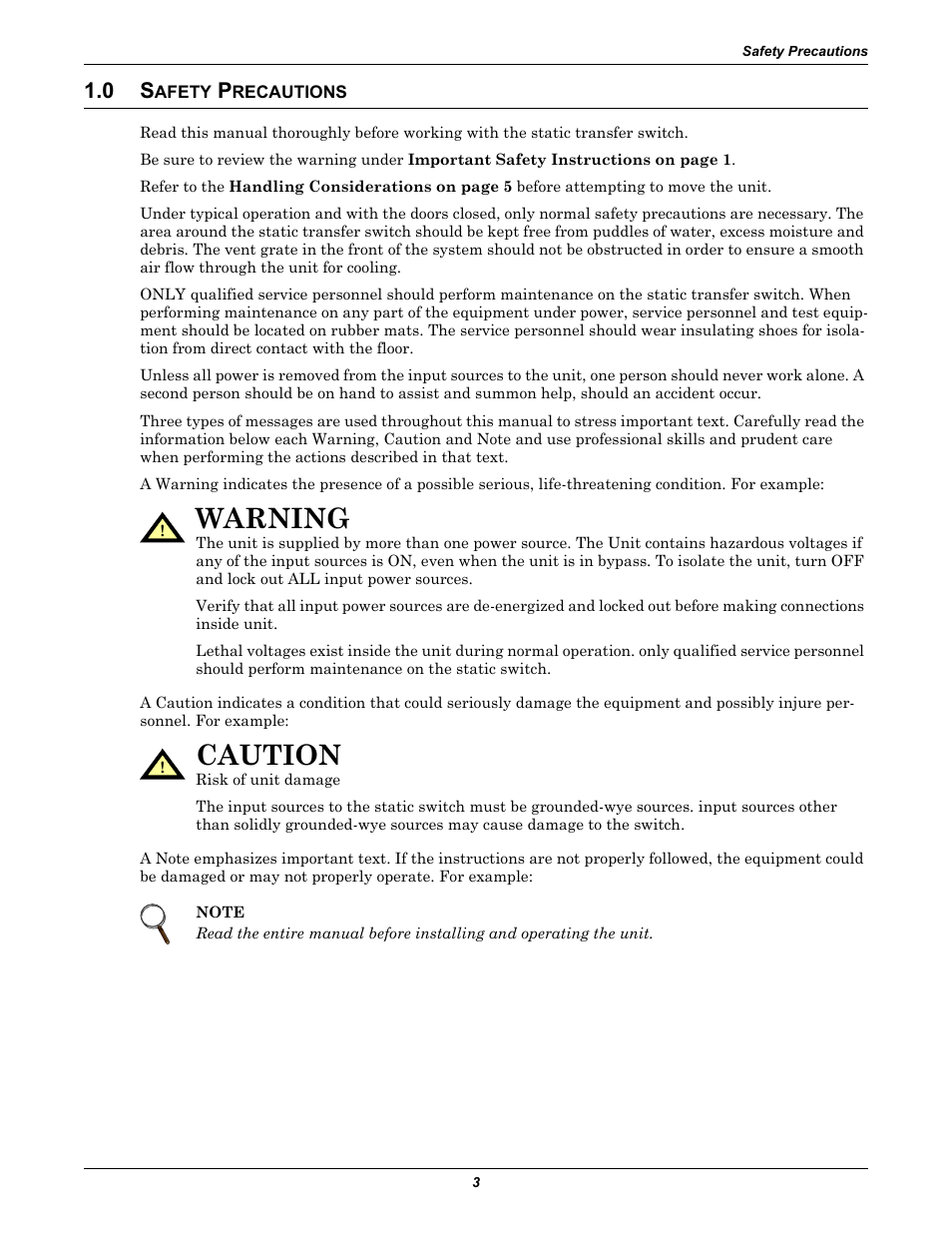 0 safety precautions, Afety, Recautions | 0 - safety precautions, Warning, Caution | Liebert POWER PROTECTION STATIC TRANSFER SWITCH User Manual | Page 11 / 152