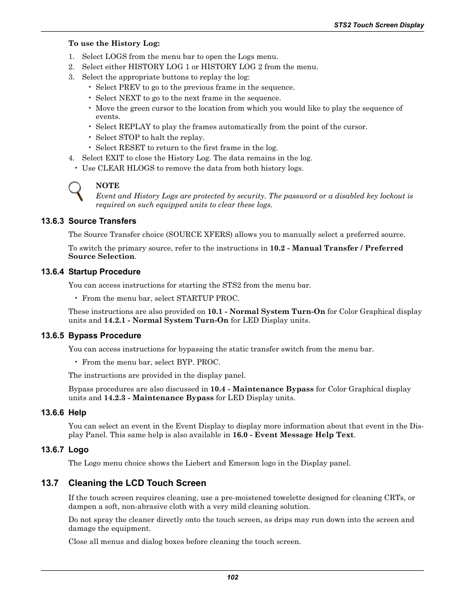 3 source transfers, 4 startup procedure, 5 bypass procedure | 6 help, 7 logo, 7 cleaning the lcd touch screen, Cleaning the lcd touch screen | Liebert POWER PROTECTION STATIC TRANSFER SWITCH User Manual | Page 110 / 152