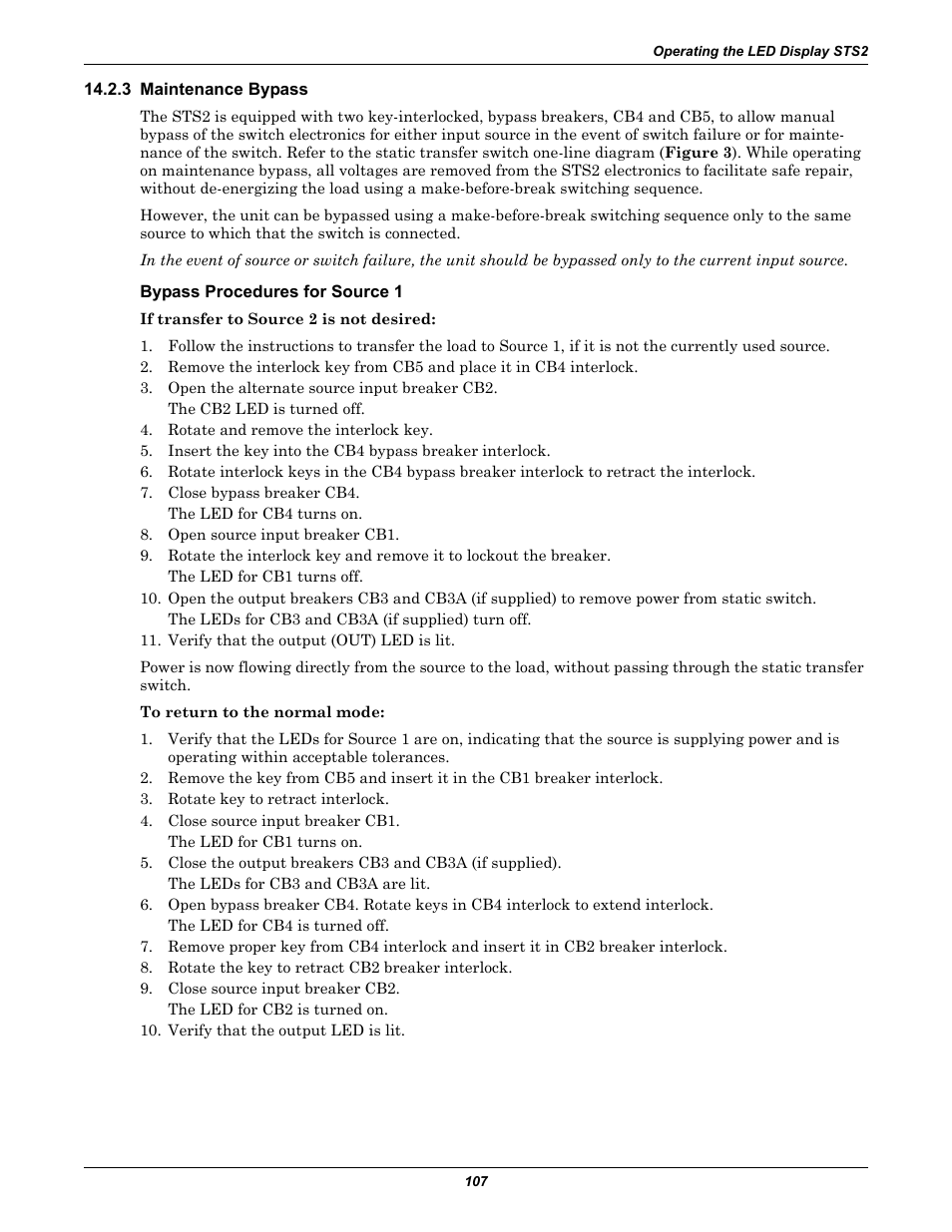 3 maintenance bypass, Bypass procedures for source 1, D 14.2.3 - maintenance bypass for le | Liebert POWER PROTECTION STATIC TRANSFER SWITCH User Manual | Page 115 / 152