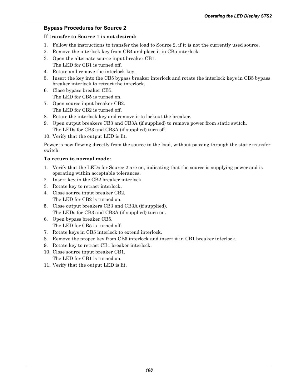 Bypass procedures for source 2 | Liebert POWER PROTECTION STATIC TRANSFER SWITCH User Manual | Page 116 / 152