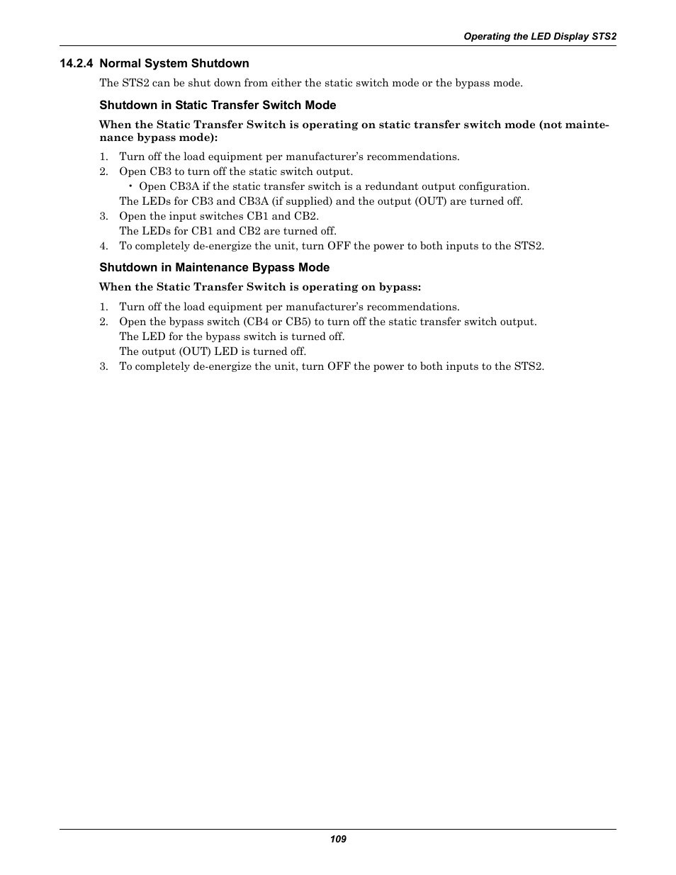 4 normal system shutdown, Shutdown in static transfer switch mode, Shutdown in maintenance bypass mode | Normal system shutdown | Liebert POWER PROTECTION STATIC TRANSFER SWITCH User Manual | Page 117 / 152