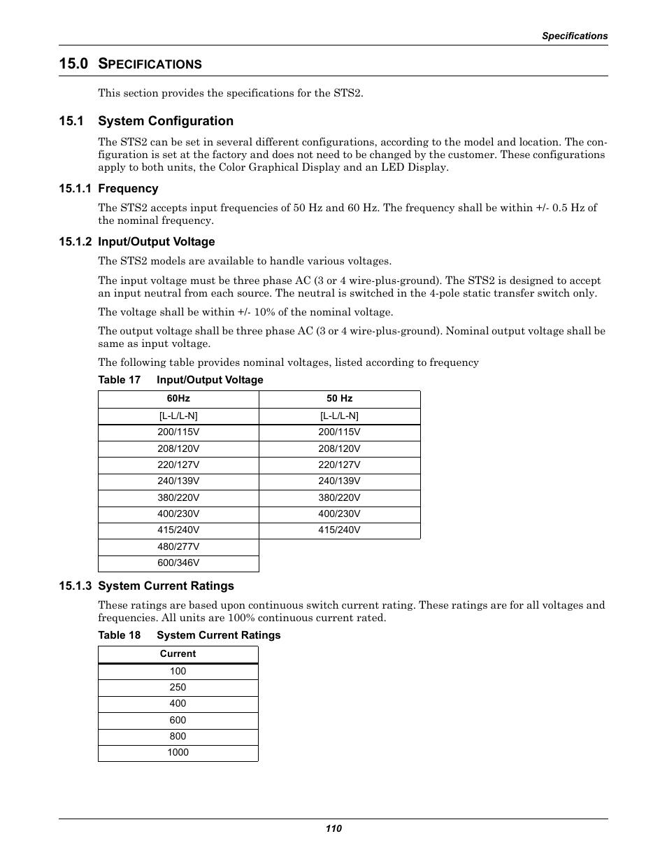 0 specifications, 1 system configuration, 1 frequency | 2 input/output voltage, Table 17 input/output voltage, 3 system current ratings, Table 18 system current ratings, Pecifications, System configuration, Table 17 | Liebert POWER PROTECTION STATIC TRANSFER SWITCH User Manual | Page 118 / 152