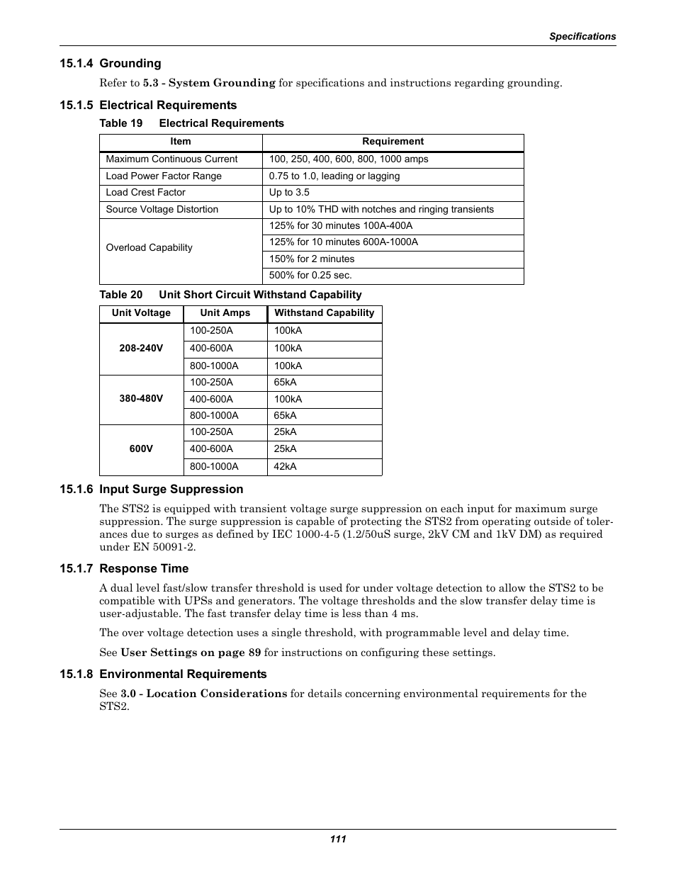4 grounding, 5 electrical requirements, Table 19 electrical requirements | Table 20 unit short circuit withstand capability, 6 input surge suppression, 7 response time, 8 environmental requirements, Table 19, Electrical requirements, Table 20 | Liebert POWER PROTECTION STATIC TRANSFER SWITCH User Manual | Page 119 / 152