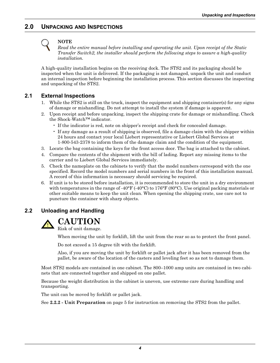 0 unpacking and inspections, 1 external inspections, 2 unloading and handling | Npacking, Nspections, External inspections, Unloading and handling, 0 - unpacking and inspections —provides inst, Caution | Liebert POWER PROTECTION STATIC TRANSFER SWITCH User Manual | Page 12 / 152